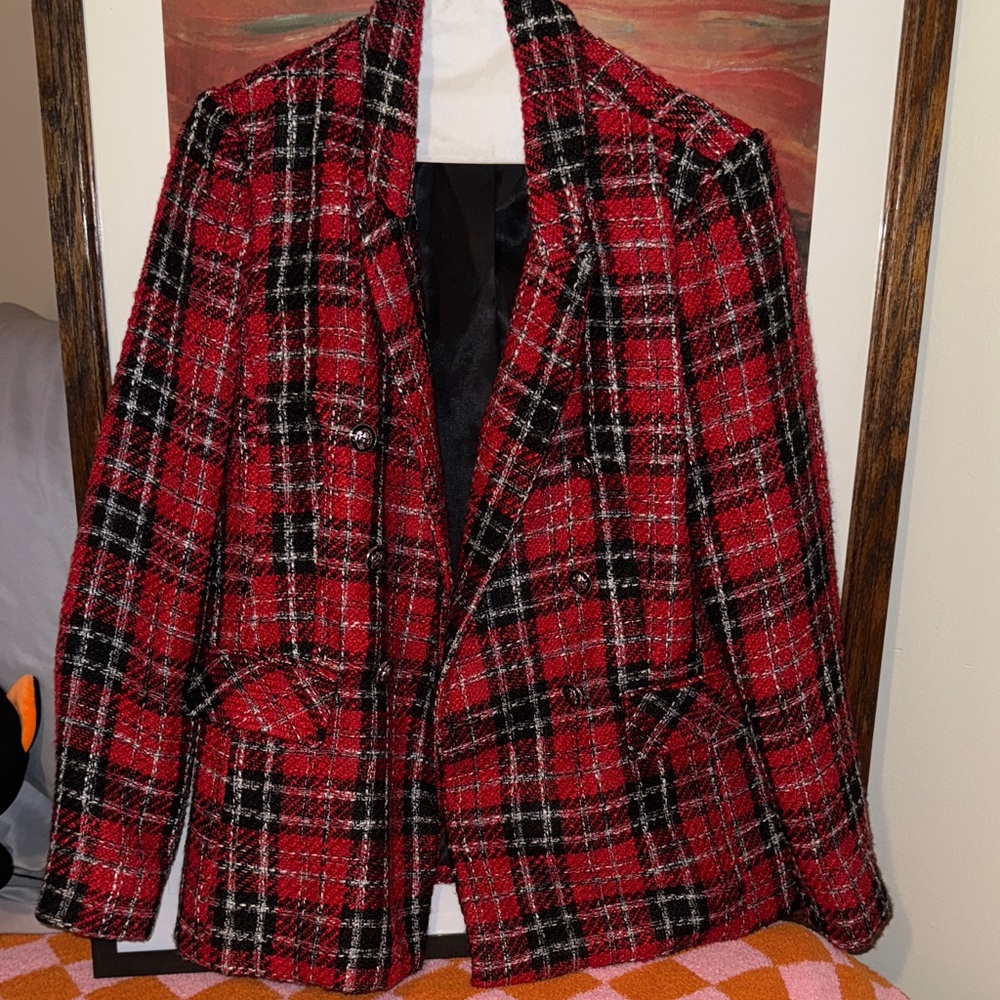 Rachel Zoe Red and Black Plaid Blazer